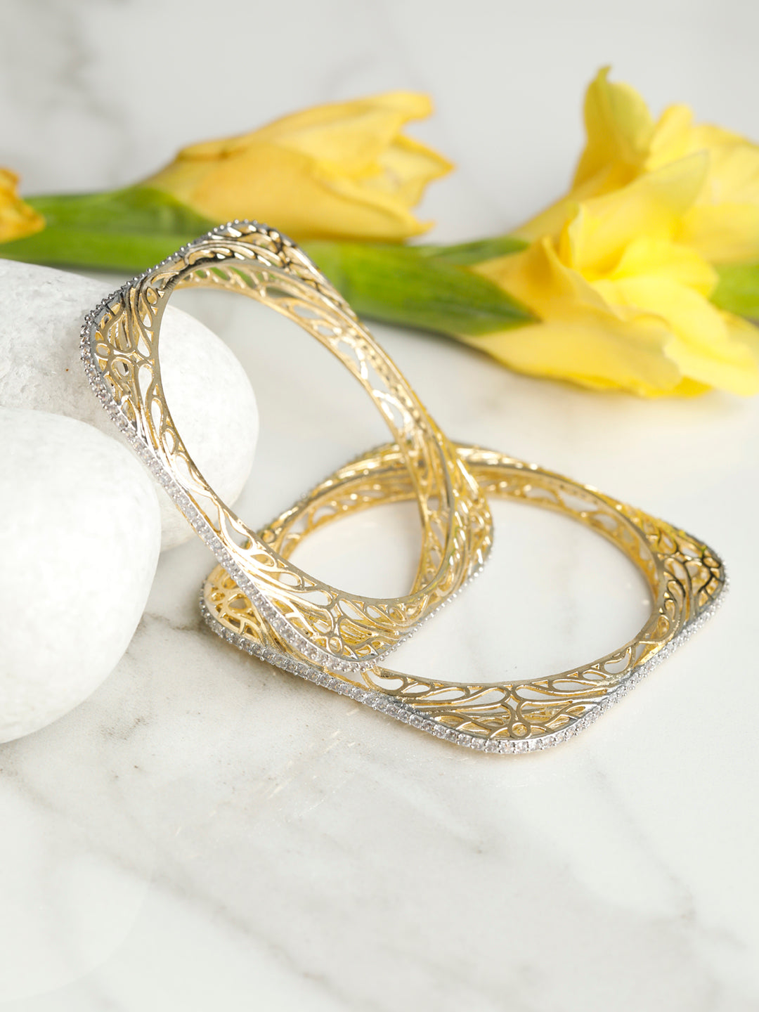 Priyaasi Women Square American Diamond Gold-Polished Set of 2 Bangles - Noz2Toz