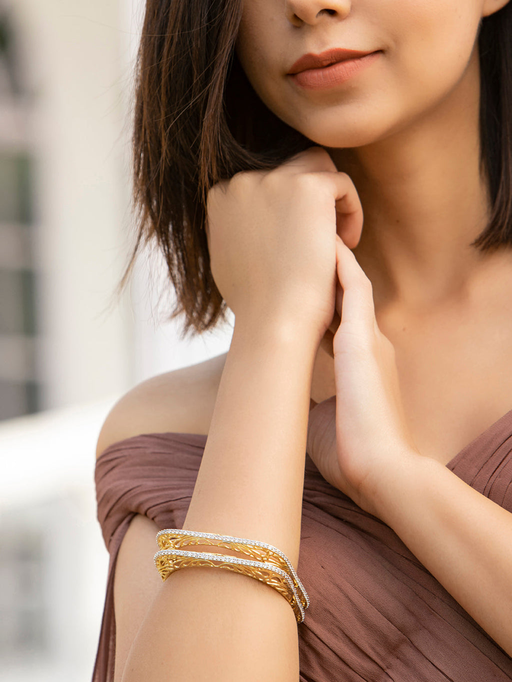 Priyaasi Women Square American Diamond Gold-Polished Set of 2 Bangles - Swadesiicart