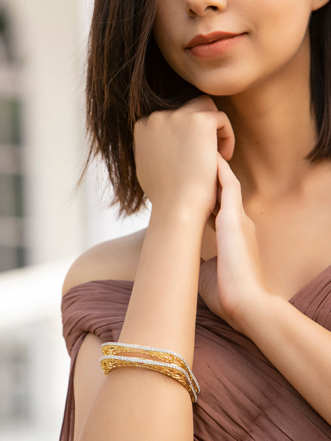 Priyaasi Women Square American Diamond Gold-Polished Set of 2 Bangles - Swadesiicart