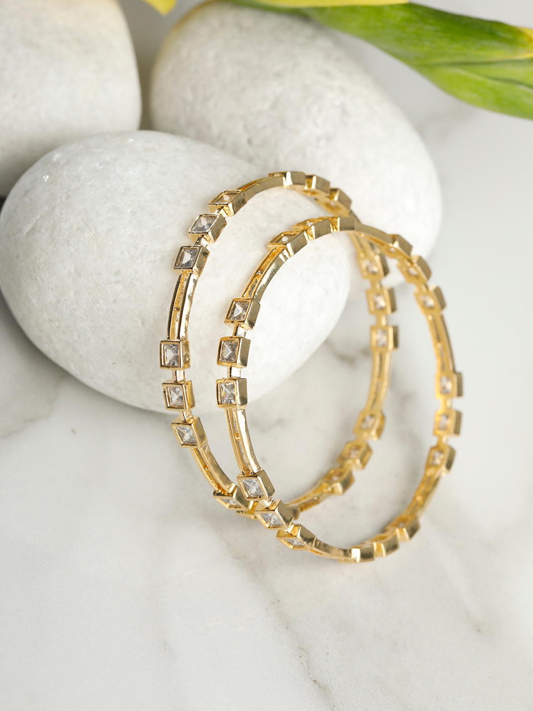 Priyaasi Women Contemporary American Diamond Gold-Polished Set of 2 Bangles - Noz2Toz