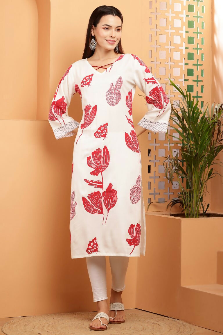 Cheera Women Stylish Hand Block Printed Cotton Blend Flared Kurta - Off White | Grocsy