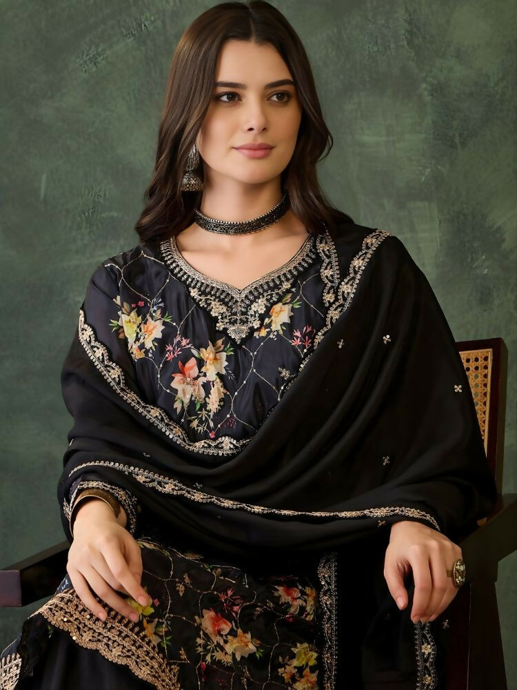 The52 Women's Gorgeous Embroidery Chinon Fabric Straight Kurta Palazzo and Dupatta Set | Grocsy