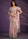 Pink Crepe Satin Silk Embroidered Saree With Stitched Blouse - Mohmanthan Exotica | Grocsy