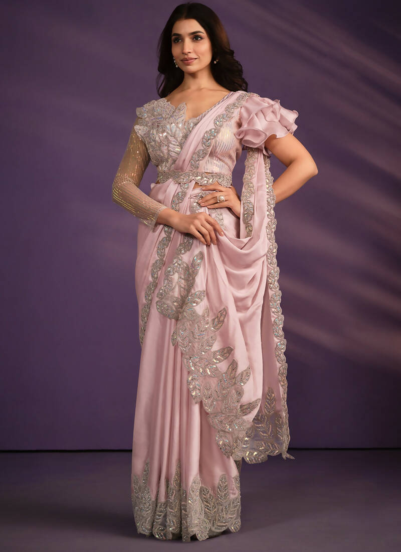 Pink Crepe Satin Silk Embroidered Saree With Stitched Blouse - Mohmanthan Exotica | Grocsy