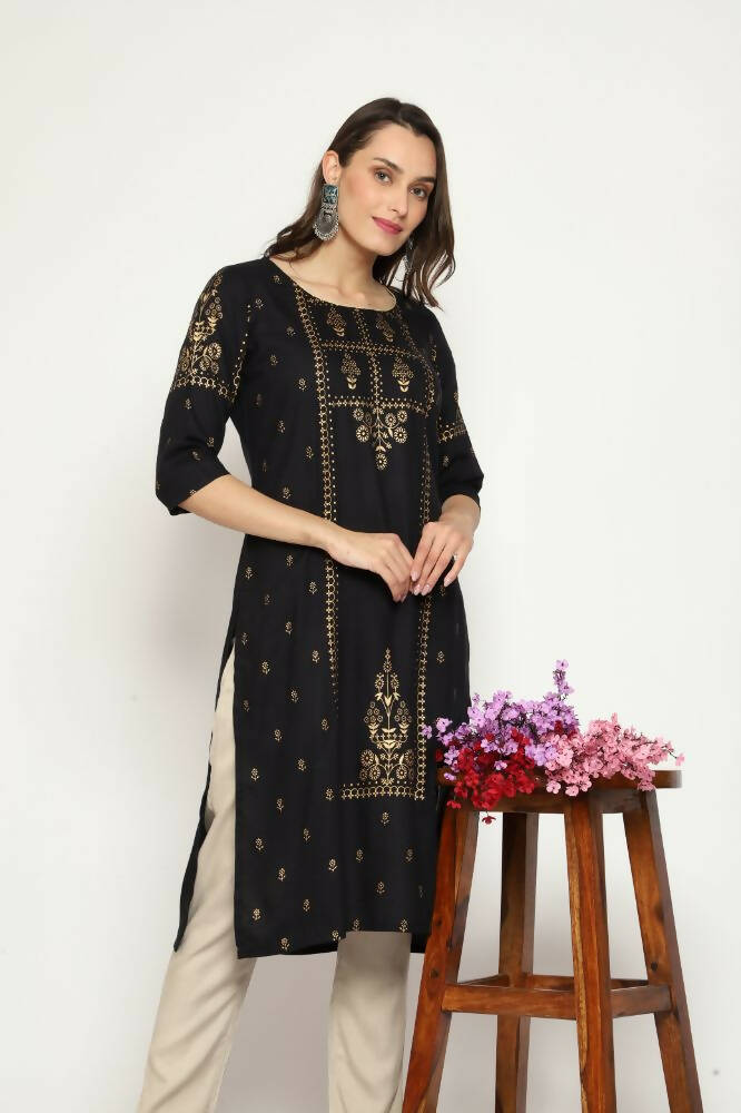 Maai Rayon Hand Printed Kurta Black | Grocsy