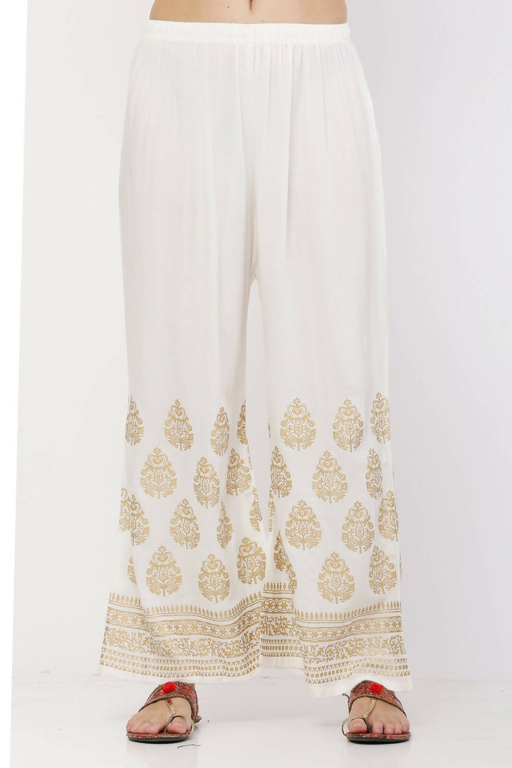 PAVONINE White Color Golden Printed Rayon Fabric Sharara For Women | Grocsy