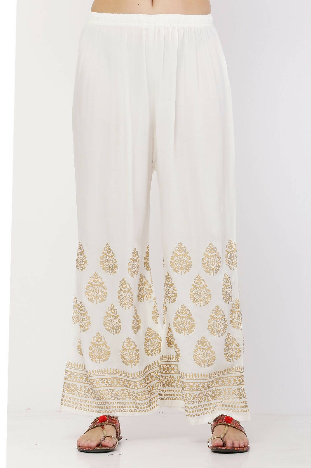 PAVONINE White Color Golden Printed Rayon Fabric Sharara For Women | Grocsy