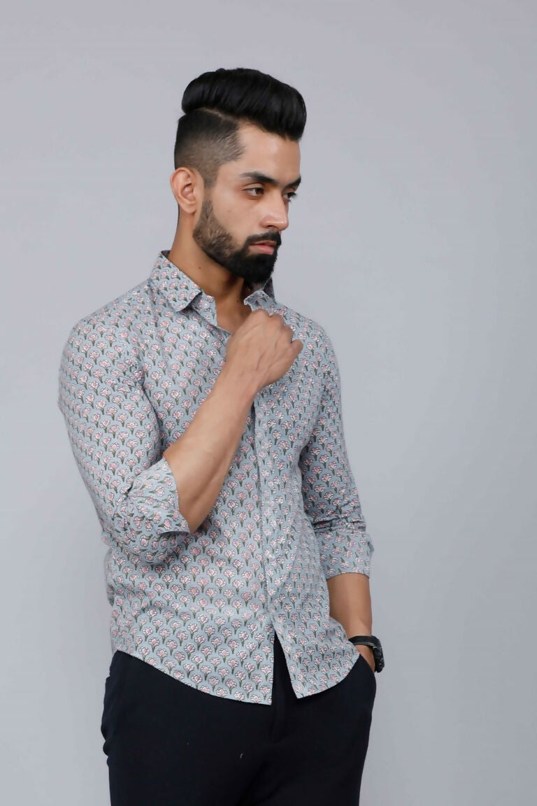 Miravan Men's Blue Pure Cotton Handblock Floral Print Shirt | Grocsy