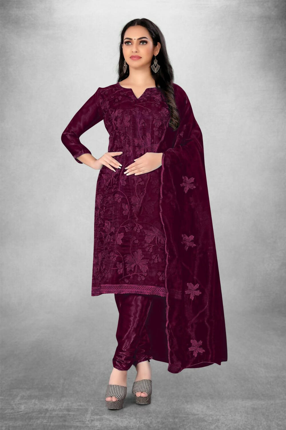 Wine Heavy Organza Silk Embroidered Unstitched Dress Material - Amara | Grocsy
