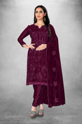 Wine Heavy Organza Silk Embroidered Unstitched Dress Material - Amara | Grocsy