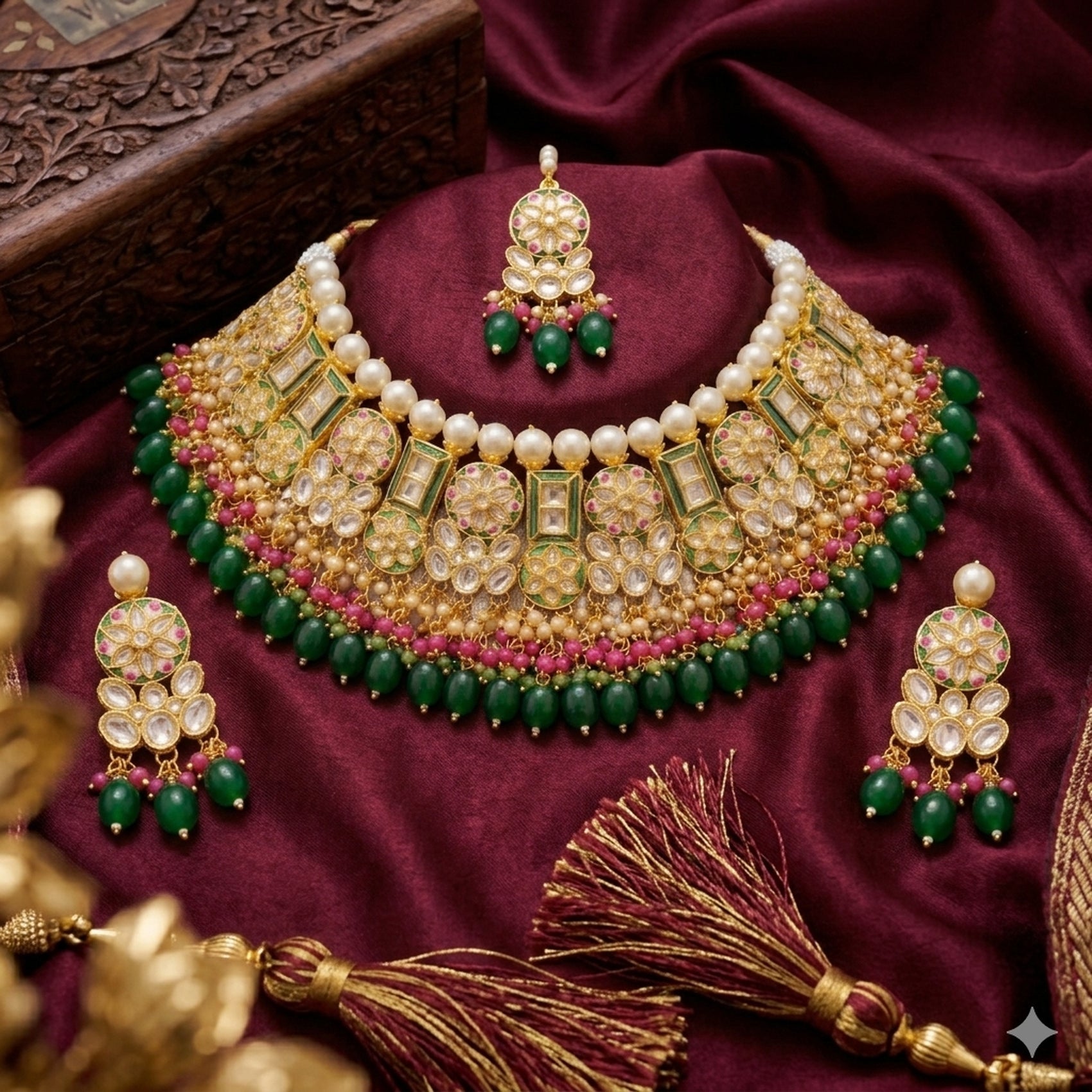 Jewel City Exquisite Gold-Plated Kundan Bridal Choker Set with Emerald Green Beads - Traditional Ethnic Indian Jewelry | Grocsy