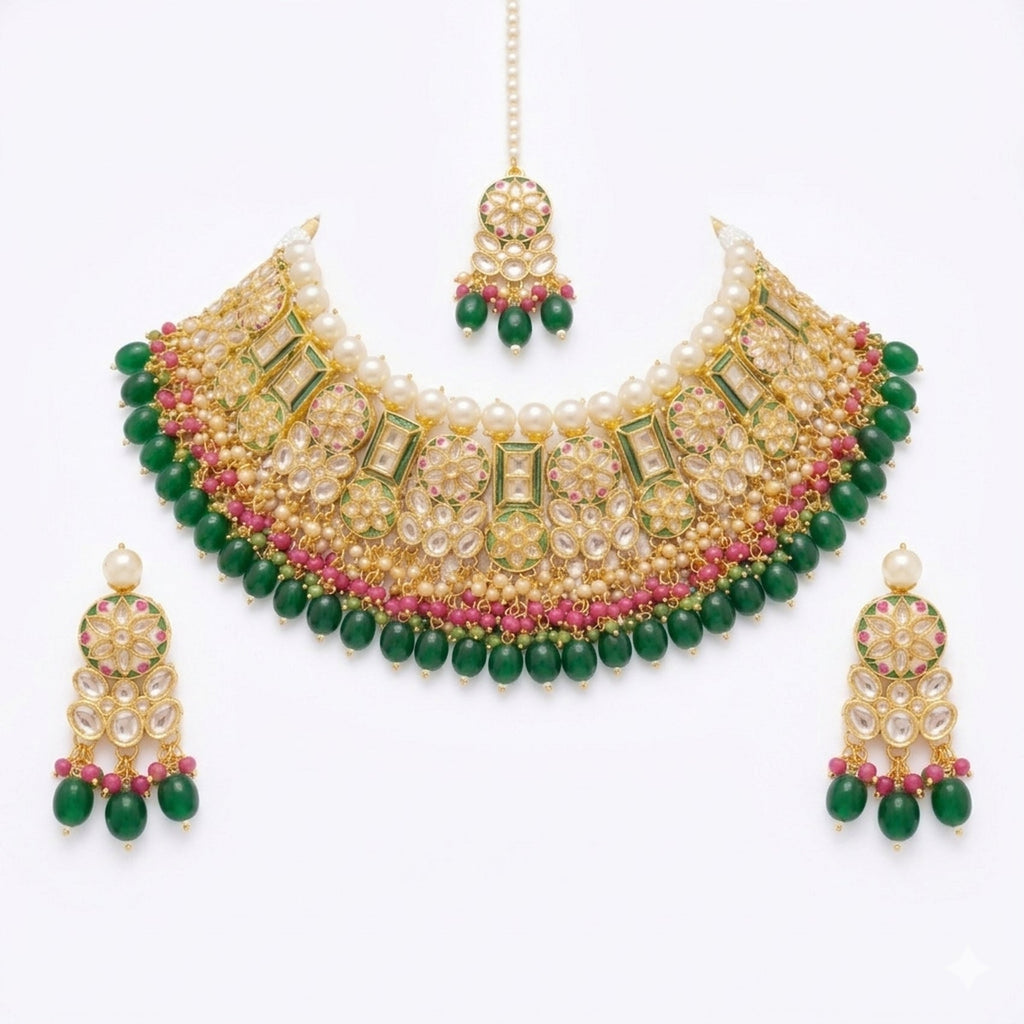 Jewel City Exquisite Gold-Plated Kundan Bridal Choker Set with Emerald Green Beads - Traditional Ethnic Indian Jewelry | Grocsy