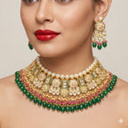 Jewel City Exquisite Gold-Plated Kundan Bridal Choker Set with Emerald Green Beads - Traditional Ethnic Indian Jewelry | Grocsy