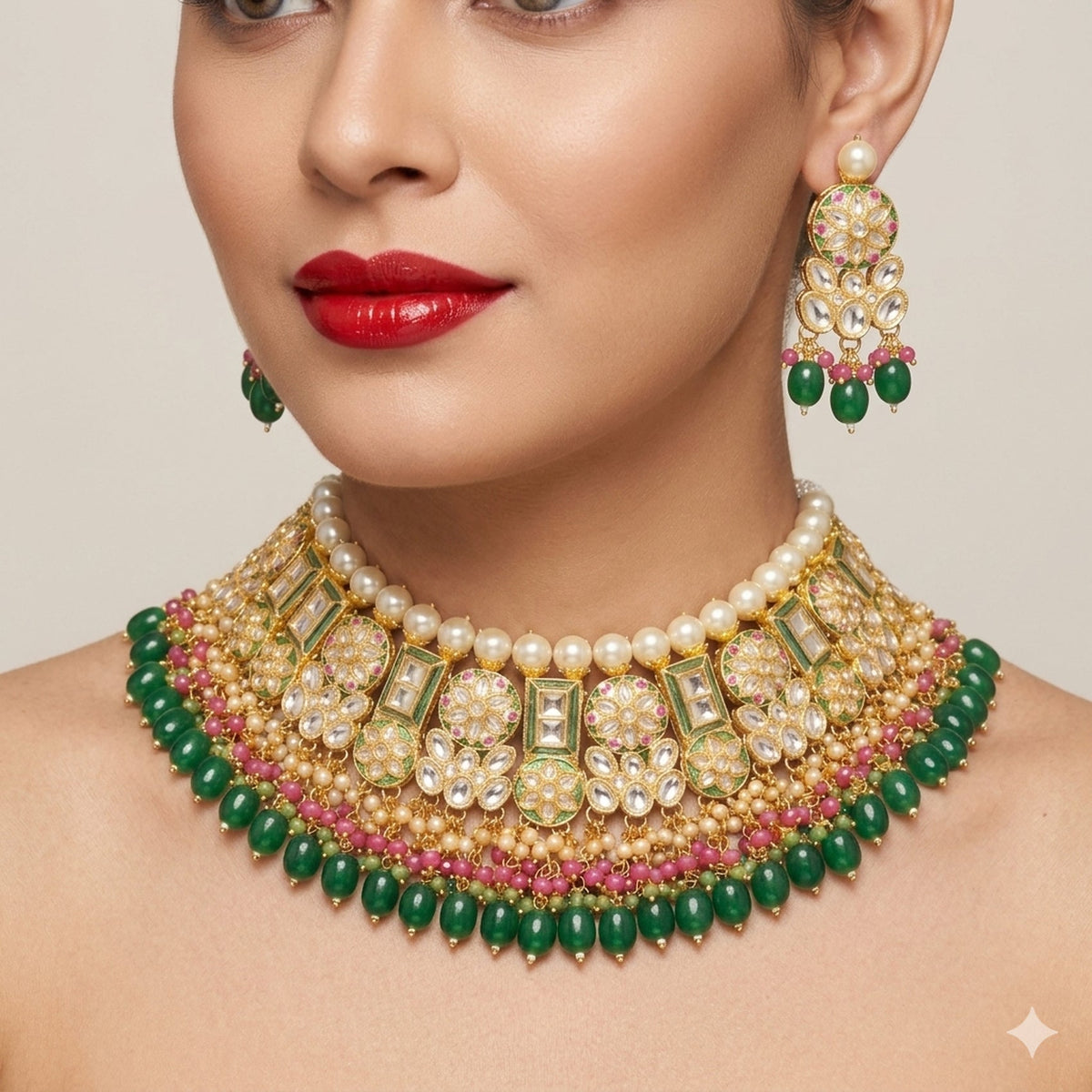 Jewel City Exquisite Gold-Plated Kundan Bridal Choker Set with Emerald Green Beads - Traditional Ethnic Indian Jewelry | Grocsy