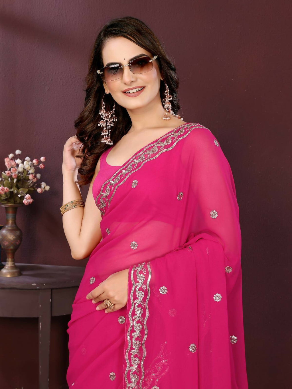 Ai Fashion Pink Soft Georgette Embroidery Party Wear Saree | Grocsy