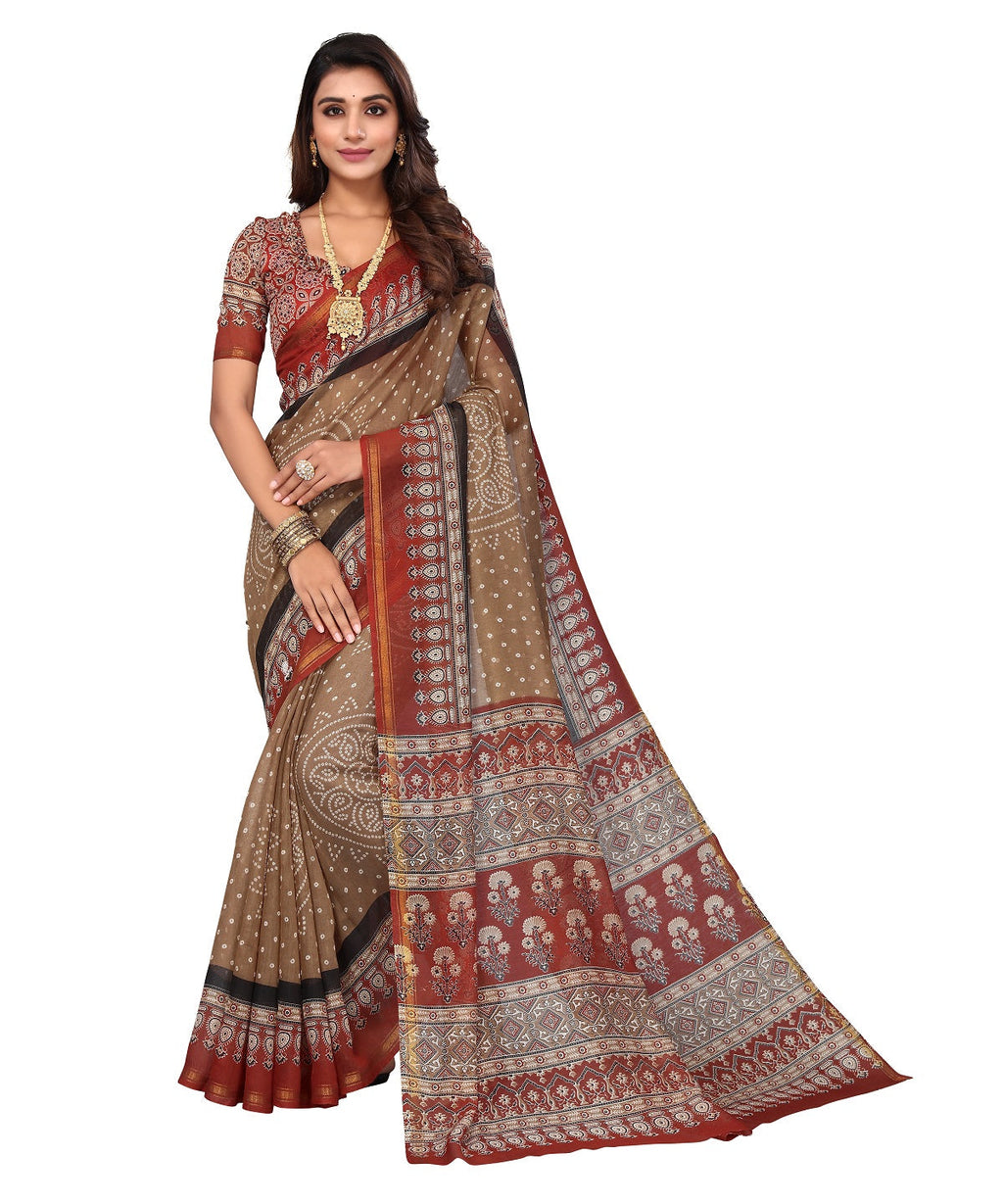Vamika Linen Jari Border Brown Bollywood Style Saree | Grocsy