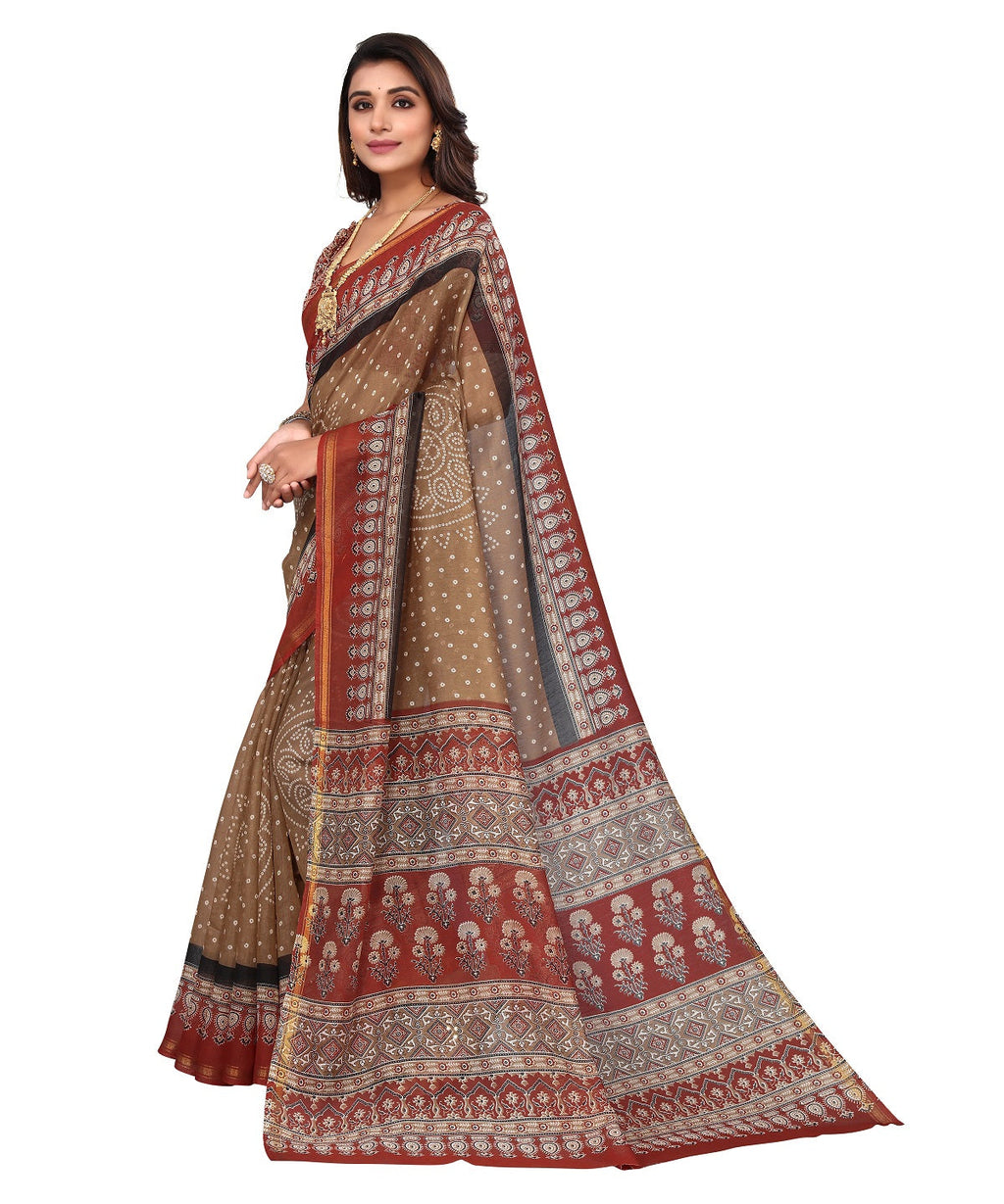 Vamika Linen Jari Border Brown Bollywood Style Saree | Grocsy