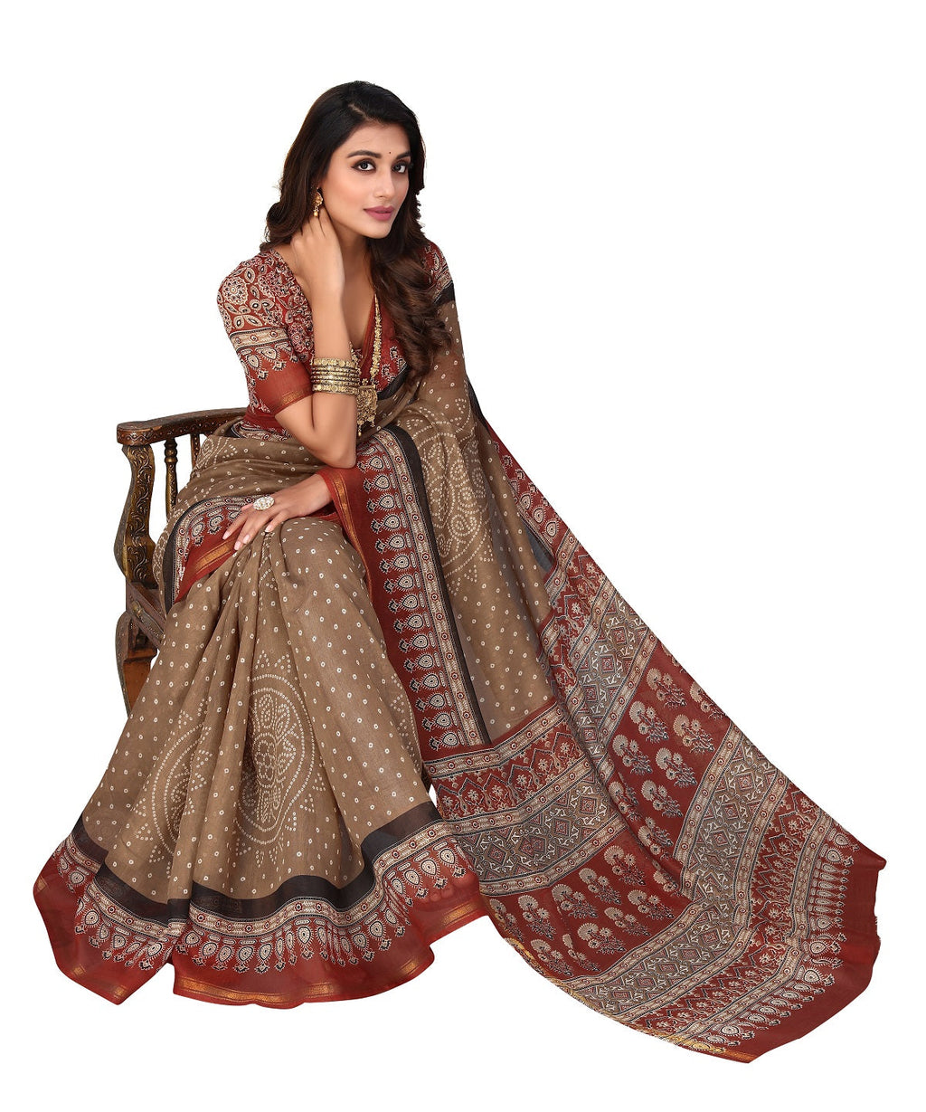 Vamika Linen Jari Border Brown Bollywood Style Saree | Grocsy