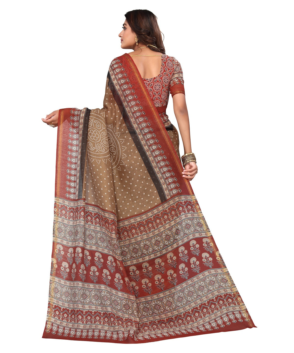 Vamika Linen Jari Border Brown Bollywood Style Saree | Grocsy