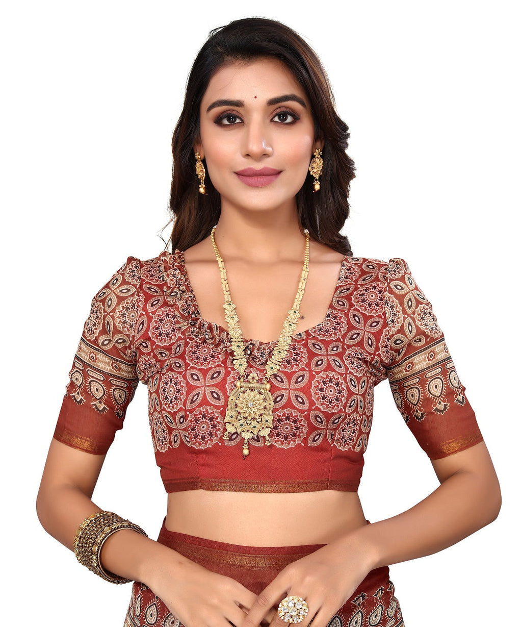Vamika Linen Jari Border Brown Bollywood Style Saree | Grocsy