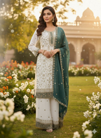 Teeya Creation White Color Faux Georgette Embroidery Work Long Party Wear Palazzo Suit | Grocsy