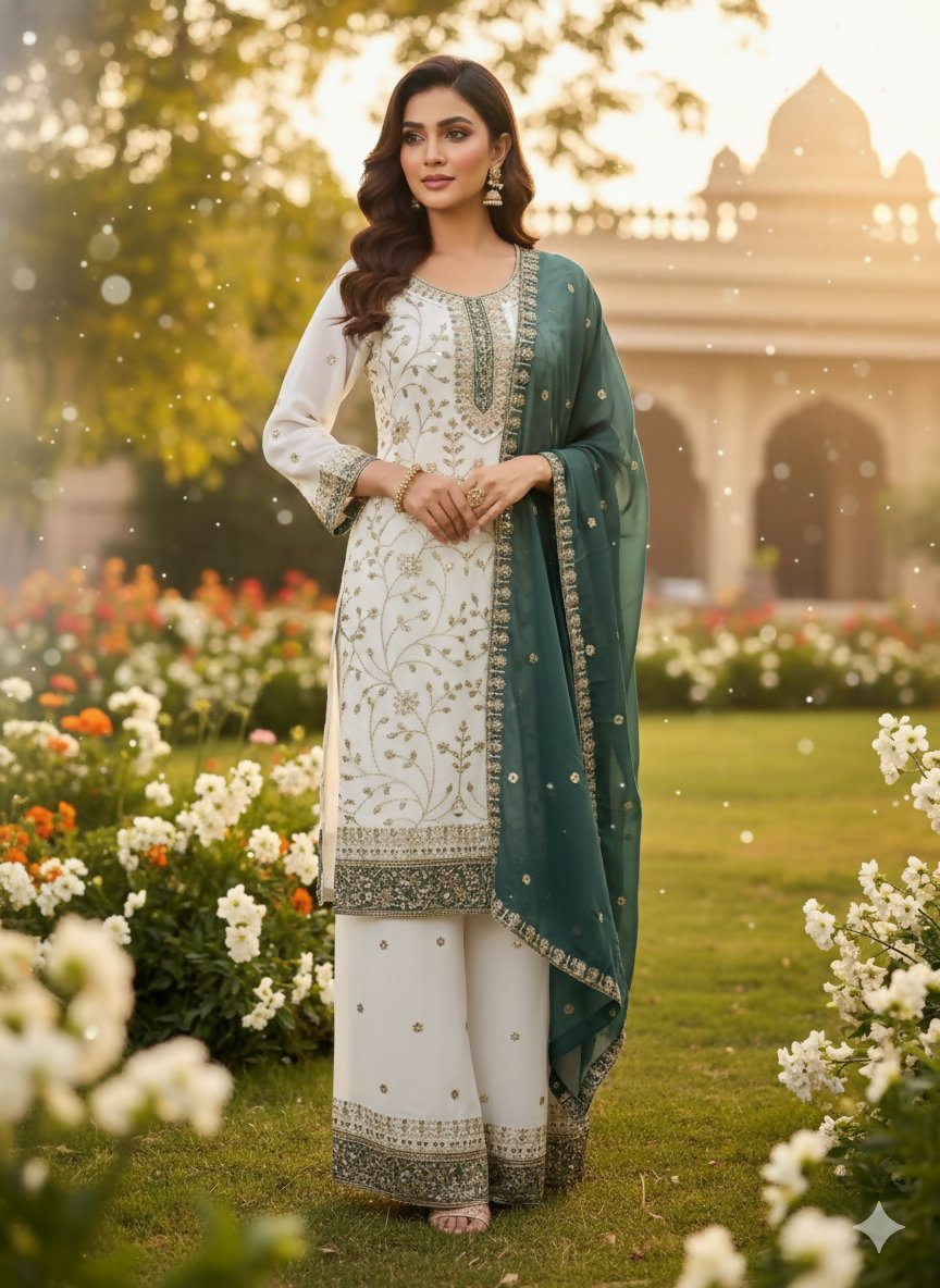 Teeya Creation White Color Faux Georgette Embroidery Work Long Party Wear Palazzo Suit | Grocsy