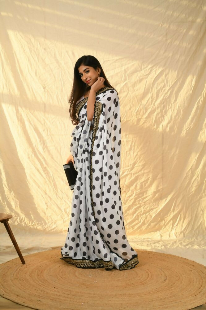 Vamsee Polka Dot Black & White Nylon Saree | Grocsy