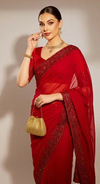 Joban Fashion Red Fandy Satin Silk Party Wear Sarees | Grocsy