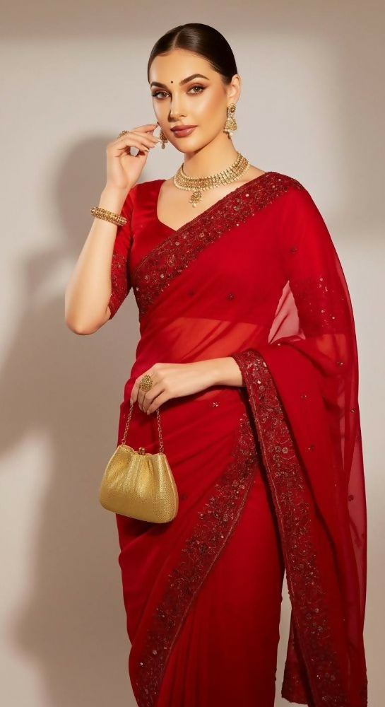 Joban Fashion Red Fandy Satin Silk Party Wear Sarees | Grocsy