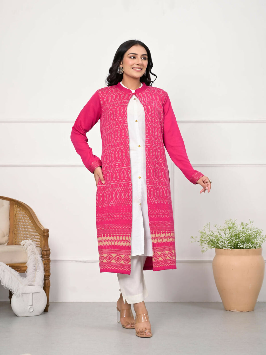 Juniper Women's Pink Ethnic Motif Printed Cotton Long Winter Wear Jacket | Grocsy