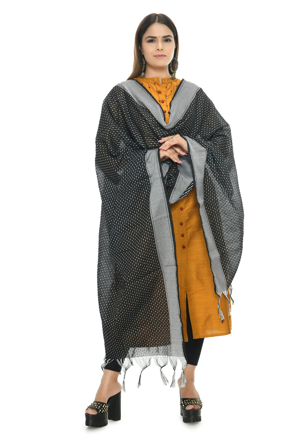Mominos Fashion Moeza Handloom Cotton Black Dot Dupatta | Grocsy