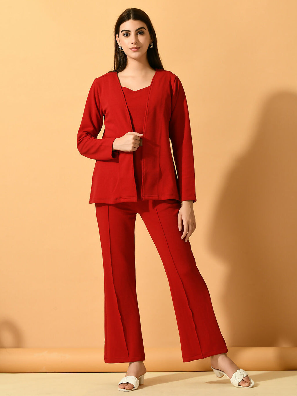 Myshka Women's Red Solid Coat With Trousers | Grocsy