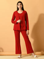 Myshka Women's Red Solid Coat With Trousers | Grocsy