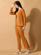 Myshka Women's Mustard Solid Coat With Trousers | Grocsy