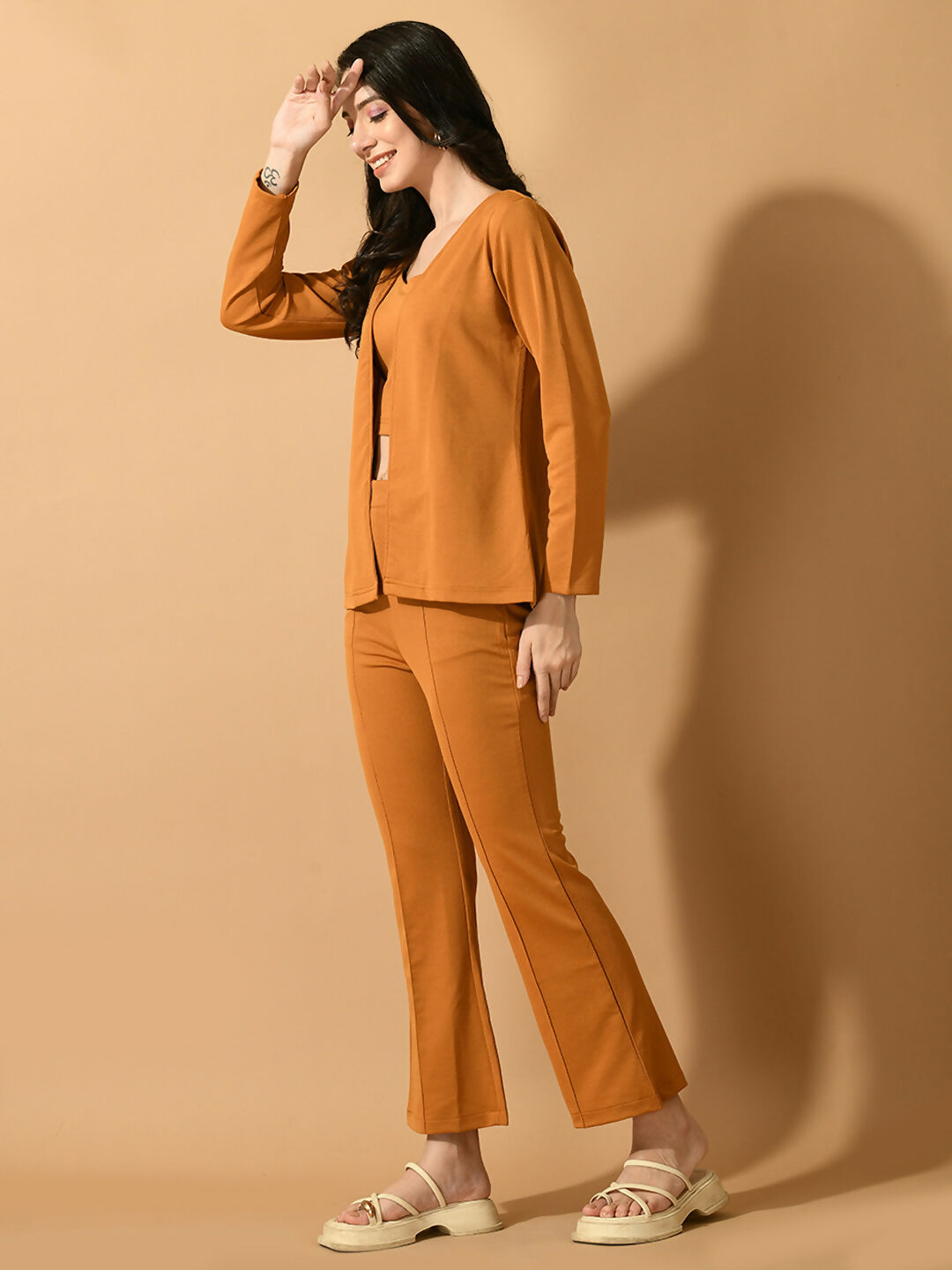 Myshka Women's Mustard Solid Coat With Trousers | Grocsy