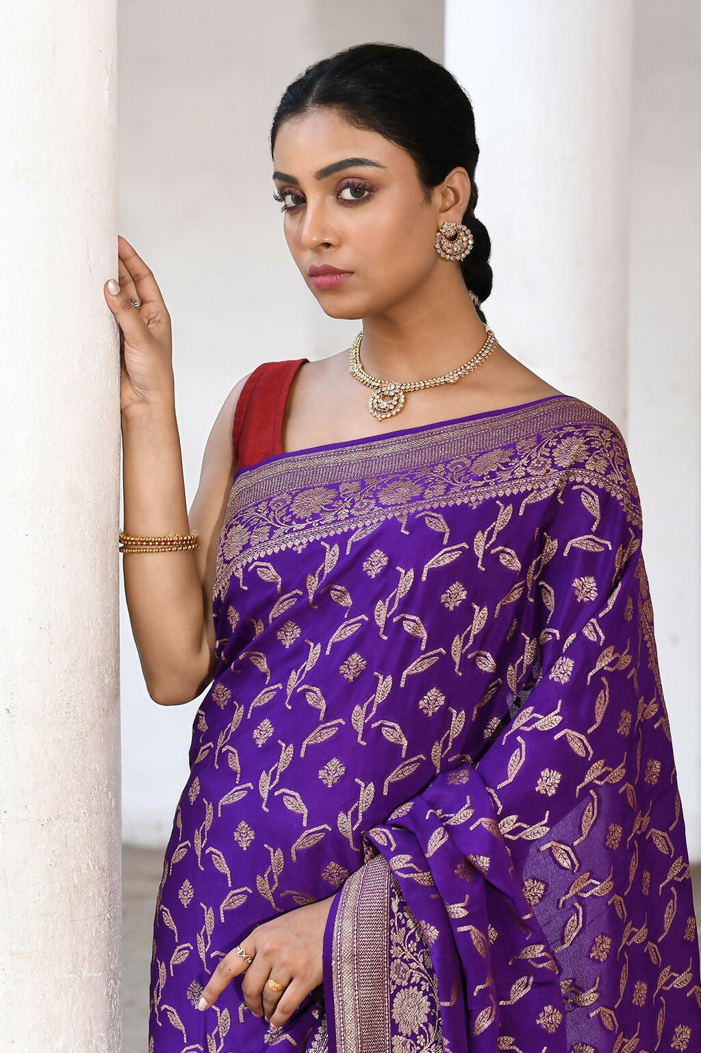 Joban Fashion Purple Crepe Chiffon Pure Handloom Banarasi Silk Saree | Grocsy