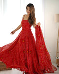 The52 Women's Beautiful Printed Chiffon Bandhej Fabric Flared Anarkali Pant and Dupatta Set | Grocsy