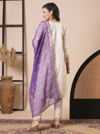 Off White Roman Silk Embroidery Work, Printed Kurta Set - Riya | Grocsy