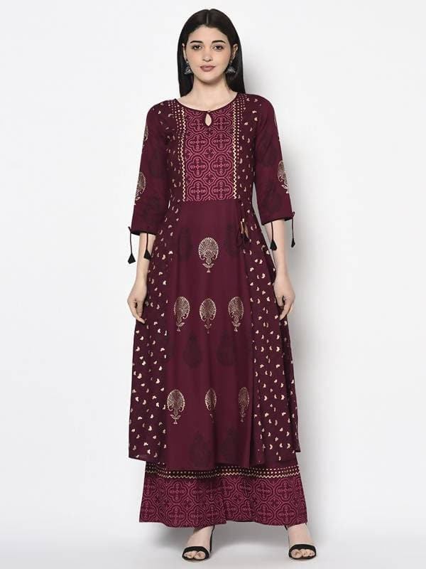 Indian Clothing Aniyah Rayon Wine Color Block Print Anarkali Kurta (AN-172K) | Grocsy