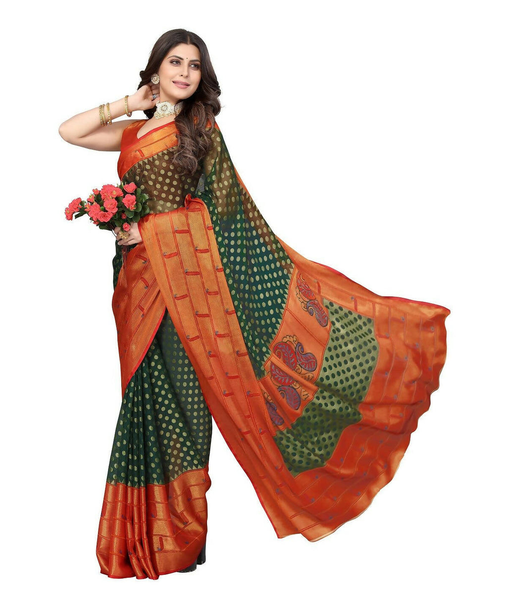 Vamika Green Chiffon Brasso Bollywood Style Woven Saree (DIMPLE GREEN) | Grocsy