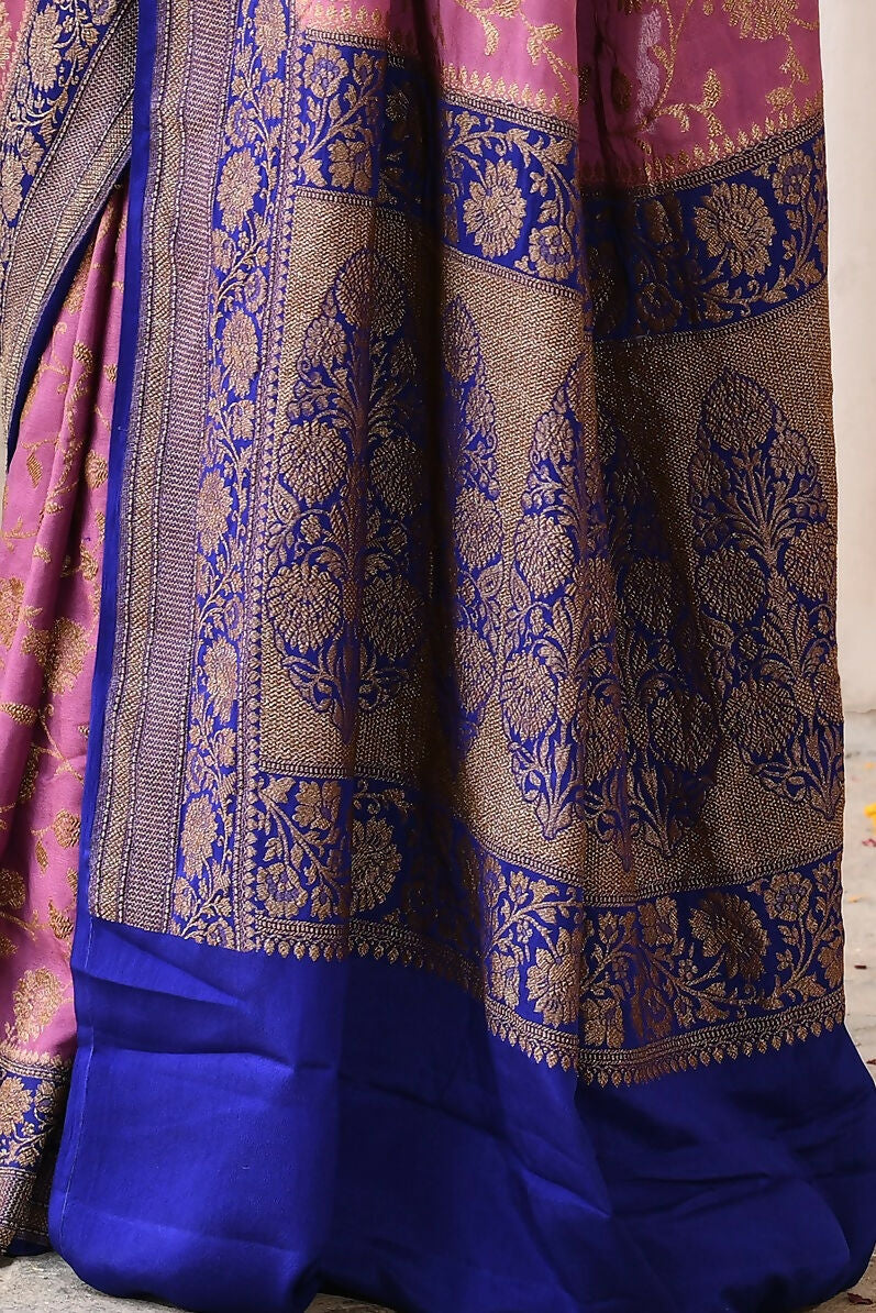 Joban Fashion Nude Pink Crepe Chiffon Pure Handloom Banarasi Silk Saree | Grocsy