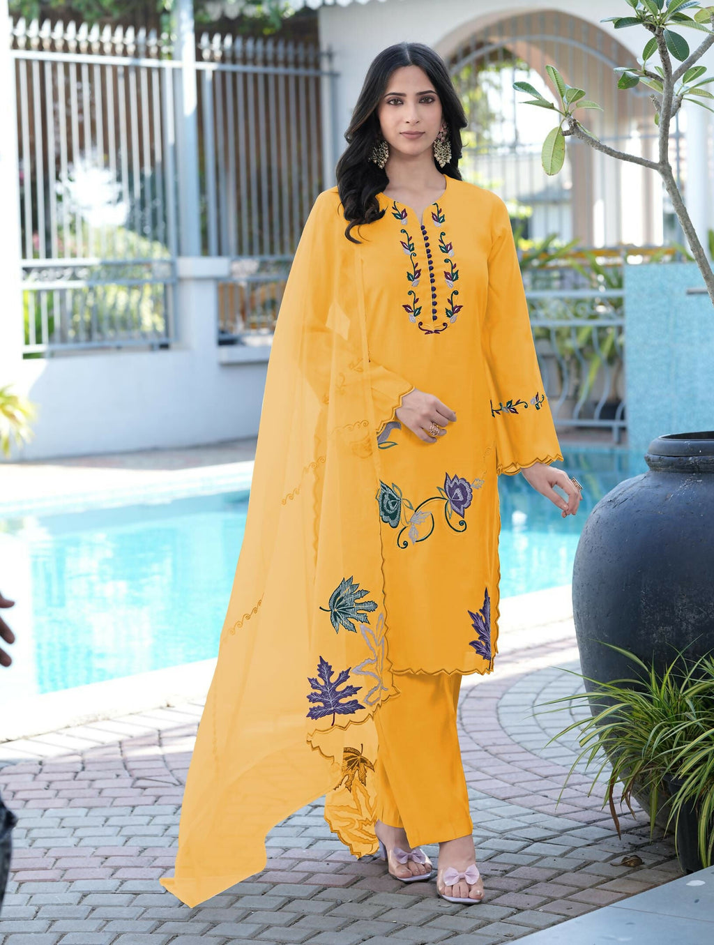 Nikhaar Yellow Embroidered Art Silk Stitched Straight Cut Kurta Pants Dupatta Readymade Suit | Grocsy