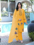 Nikhaar Yellow Embroidered Art Silk Stitched Straight Cut Kurta Pants Dupatta Readymade Suit | Grocsy