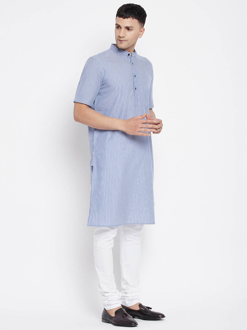 Even Apparels Blue Men's H/S Pure Cotton Kurta With Band Collar | Grocsy