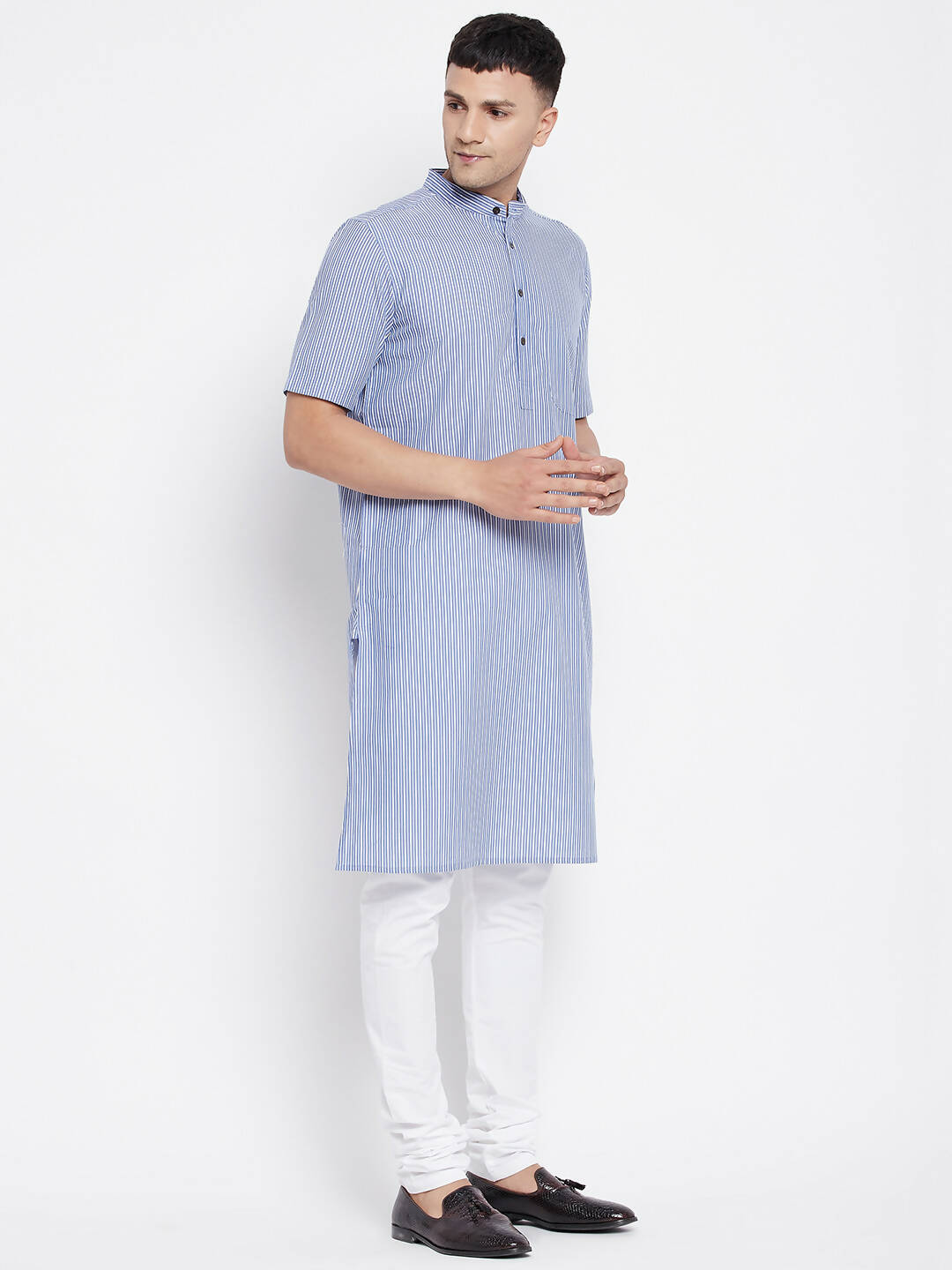 Even Apparels Blue Men's H/S Pure Cotton Kurta With Band Collar | Grocsy