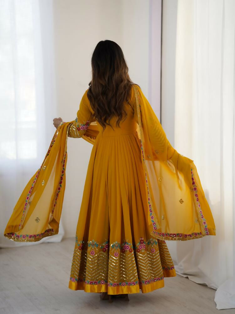 Joban Fashion Mustard Georgette Sequence Embroidery Work Readymade Kurta Set | Grocsy