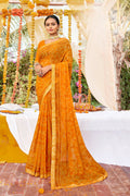 Mustard Georgette Foil Printed Saree with Unstitched Blouse piece - Avika | Grocsy