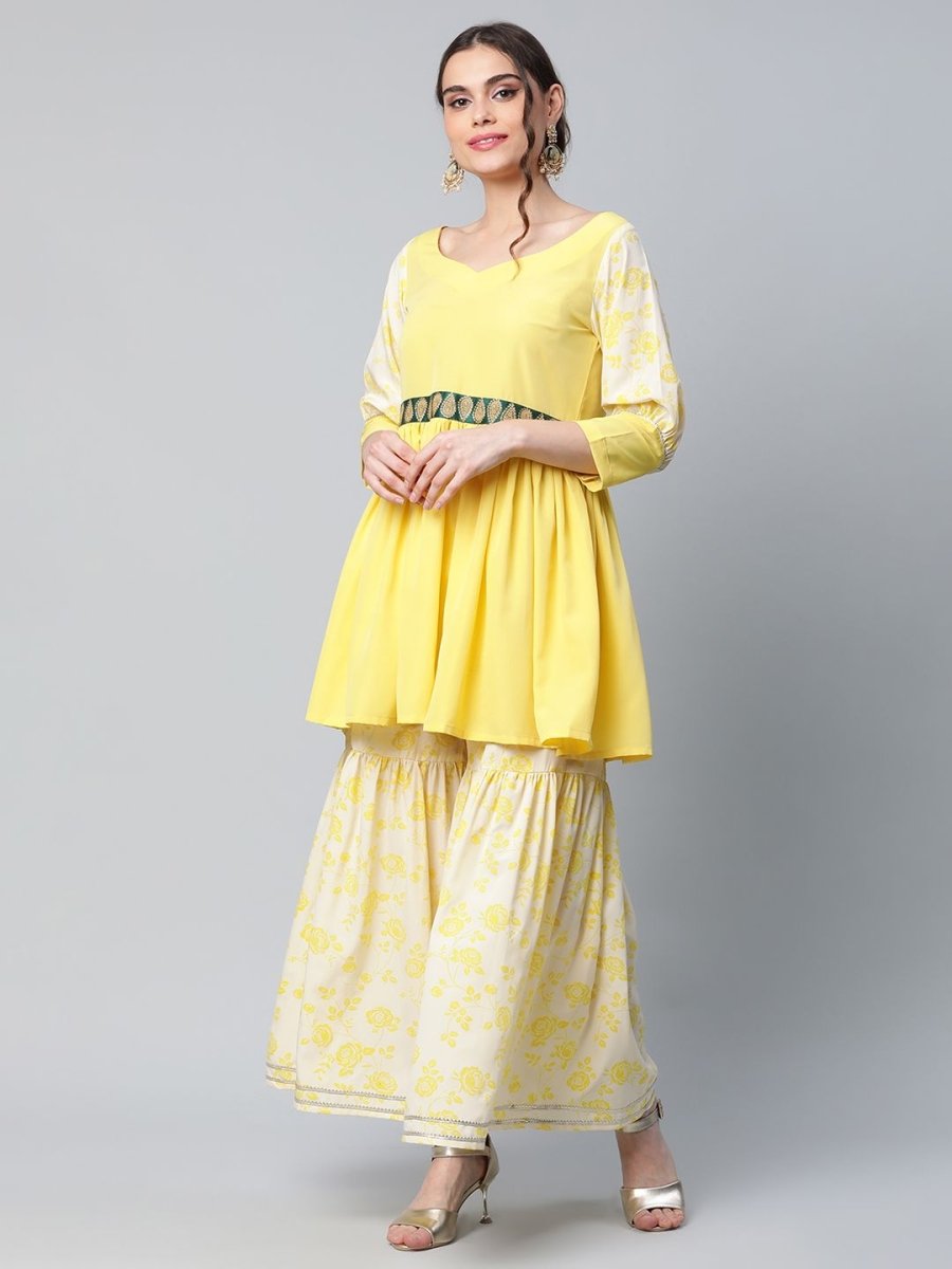 Ahalyaa Women Yellow Crepe Floral Short Kurta with Sharara Set | Grocsy