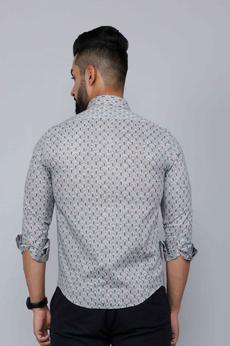 Miravan Men's Blue Pure Cotton Handblock Floral Print Shirt | Grocsy