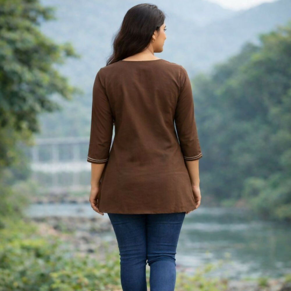 Teeya Creation Womens New Latest Cotton Brown Floral Embroidered Short Kurti | Grocsy